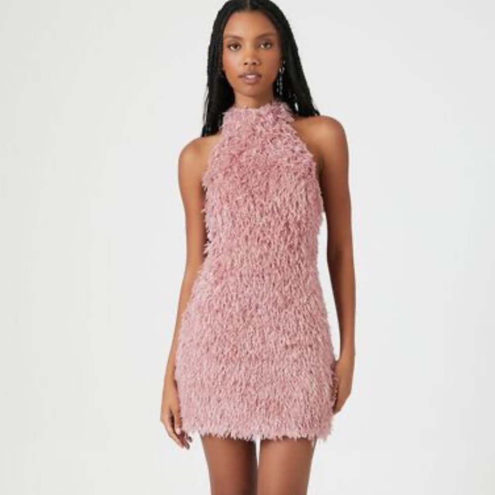 Shaggy faux fur mini halter dress
